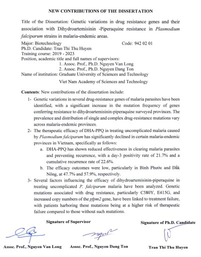 Thông tin tóm tắt về những đóng góp mới của luận án tiến sĩ: Nghiên cứu sự biến đổi di truyền của một số gene kháng thuốc và mối liên quan đến kháng