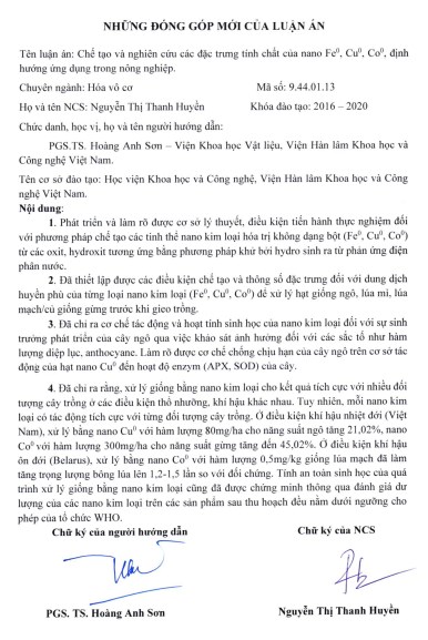 Thông tin tóm tắt về những đóng góp mới của luận án tiến sĩ: Chế tạo và nghiên cứu các đặc trưng tính chất của nano Fe 0 , Cu 0 , Co 0 , định hướng ứng dụng trong nông nghiệp