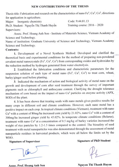 Thông tin tóm tắt về những đóng góp mới của luận án tiến sĩ: Chế tạo và nghiên cứu các đặc trưng tính chất của nano Fe 0 , Cu 0 , Co 0 , định hướng ứng dụng trong nông nghiệp