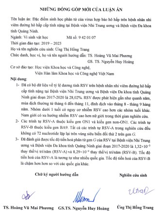 Thông tin tóm tắt về những đóng góp mới của luận án tiến sĩ: Đặc điểm sinh học phân tử của virus hợp bào hô hấp trên bệnh nhân nhi viêm đường hô hấp cấp tính nặng tại Bệnh viện Nhi Trung ương và Bệnh viện Đa khoa tỉnh Quảng Ninh.