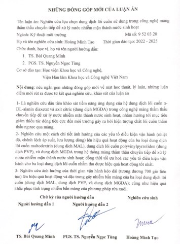 Thông tin tóm tắt về những đóng góp mới của luận án tiến sĩ: Nghiên cứu lựa chọn dung dịch lôi cuốn sử dụng trong công nghệ màng thẩm thấu chuyển tiếp để xử lý nước nhiễm mặn thành nước sinh hoạt.