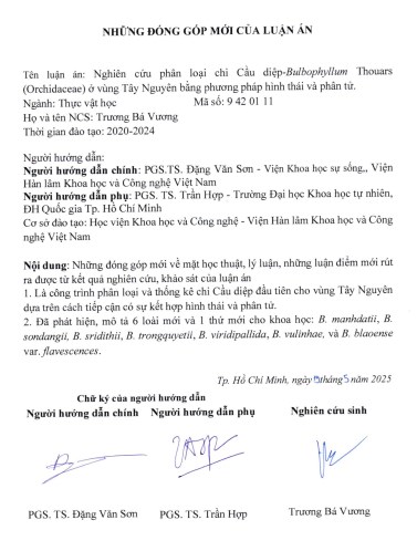 Thông tin tóm tắt về những đóng góp mới của luận án tiến sĩ: Nghiên cứu phân loại chi Cầu diệp-Bulbophyllum Thouars (Orchidaceae) ở vùng Tây Nguyên bằng phương pháp hình thái và phân tử.