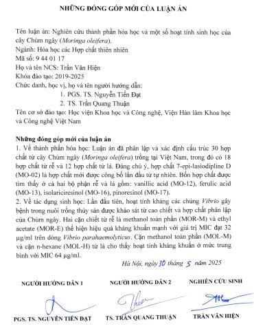 Thông tin tóm tắt về những đóng góp mới của luận án tiến sĩ: Nghiên cứu thành phần hóa học và một số hoạt tính sinh học của cây Chùm ngây (Moringa oleifera)