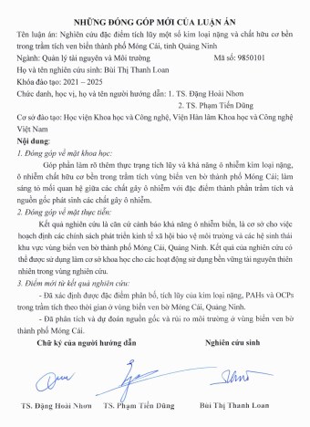 Thông tin tóm tắt về những đóng góp mới của luận án tiến sĩ: Nghiên cứu đặc điểm tích lũy một số kim loại nặng và chất hữu cơ bền trong trầm tích ven biển thành phố Móng Cái, tỉnh Quảng Ninh.