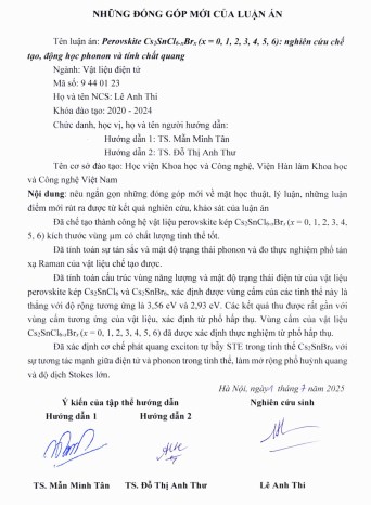 Thông tin tóm tắt về những đóng góp mới của luận án tiến sĩ: PerovskiteCs 2 SnCl 6-x Br x (x = 0, 1, 2, 3, 4, 5, 6): nghiên cứu chế tạo, động học phonon và tính chất quang