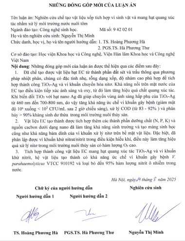 Thông tin tóm tắt về những đóng góp mới của luận án tiến sĩ: Nghiên cứu chế tạo vật liệu xốp tích hợp vi sinh vật và mang hạt quang xúc tác nhằm xử lý môi trường nước nuôi tôm.