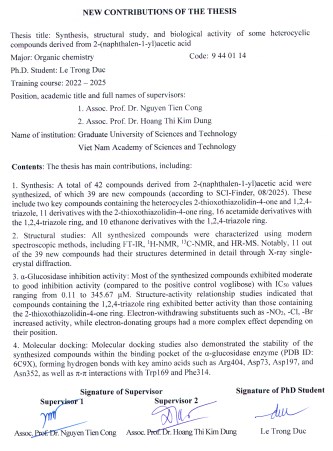 Thông tin tóm tắt về những đóng góp mới của luận án tiến sĩ: Tổng hợp, nghiên cứu cấu trúc và hoạt tính sinh học của một số hợp chất chứa dị vòng từ acid 2-(naphthalen-1-yl)acetic.