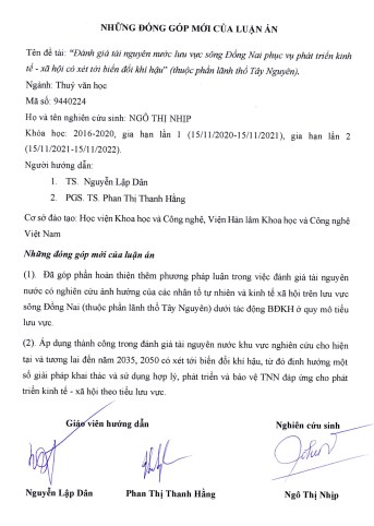Thông tin tóm tắt về những đóng góp mới của luận án tiến sĩ: Đánh giá tài nguyên nước lưu vực sông Đồng Nai phục vụ phát triển kinh tế - xã hội có xét tới biến đổi khí hậu” (thuộc phần lãnh thổ Tây Nguyên.