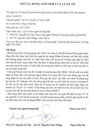 Thông tin tóm tắt về những đóng góp mới của luận án tiến sĩ: Lý thuyết Kaluza-Klein gián đoạn và các kênh phân rã tối của neutron.