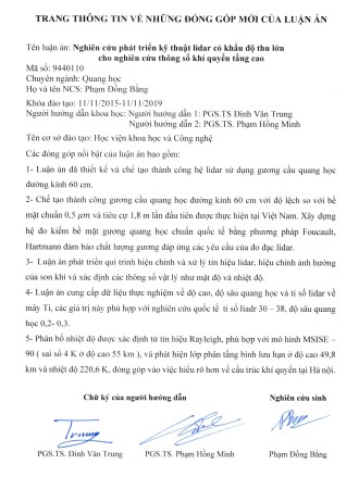 Thông tin tóm tắt về những đóng góp mới của luận án tiến sĩ: Nghiên cứu phát triển kỹ thuật lidar có khẩu độ thu lớn cho nghiên cứu thông số khí quyển tầng cao