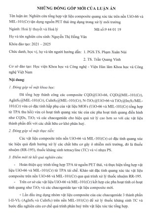 Thông tin tóm tắt về những đóng góp mới của luận án tiến sĩ: Nghiên cứu tổng hợp vật liệu composite quang xúc tác trên nền UiO-66 và MIL-101(Cr) tận dụng nguồn PET thải ứng dụng trong xử lý môi trường.