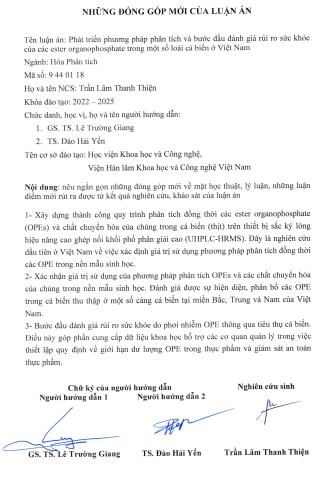 Thông tin tóm tắt về những đóng góp mới của luận án tiến sĩ: Phát triển phương pháp phân tích và bước đầu đánh giá rủi ro sức khỏe của các ester organophosphate trong một số loài cá biển ở Việt Nam.