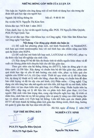 Thông tin tóm tắt về những đóng góp mới của luận án tiến sĩ: Nghiên cứu ứng dụng một số mô hình sử dụng học sâu trong dự đoán kết quả học tập của người học