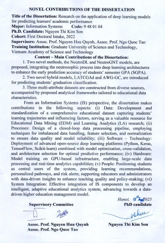 Thông tin tóm tắt về những đóng góp mới của luận án tiến sĩ: Nghiên cứu ứng dụng một số mô hình sử dụng học sâu trong dự đoán kết quả học tập của người học