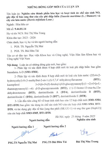 Thông tin tóm tắt về những đóng góp mới của luận án tiến sĩ: Nghiên cứu thành phần hóa học và hoạt tính ức chế sản sinh NO, gây độc tế bào ung thư của cây phì diệp biển (Suaeda maritima (L.) Dumort) và cây cóc kèn nước (Derris trifoliata Lour.).