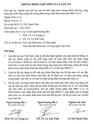 Thông tin tóm tắt về những đóng góp mới của luận án tiến sĩ: Nghiên cứu chế tạo các hệ chất lỏng nano tương thích sinh học, ứng dụng làm chất tăng cường độ tương phản trong chẩn đoán hình ảnh MRI và CT.