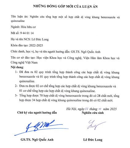 Thông tin tóm tắt về những đóng góp mới của luận án tiến sĩ: Nghiên cứu tổng hợp một số hợp chất dị vòng khung benzoxazole và quinoxaline.