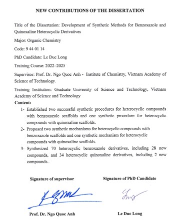 Thông tin tóm tắt về những đóng góp mới của luận án tiến sĩ: Nghiên cứu tổng hợp một số hợp chất dị vòng khung benzoxazole và quinoxaline.