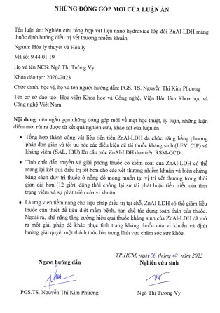 Thông tin tóm tắt về những đóng góp mới của luận án tiến sĩ: Nghiên cứu tổng hợp vật liệu nano hydroxide lớp đôi ZnAl-LDH mang thuốc định hướng điều trị vết thương nhiễm khuẩn.