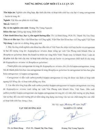 Thông tin tóm tắt về những đóng góp mới của luận án tiến sĩ: Nghiên cứu tổng hợp, đặc tính cấu trúc và hoạt tính sinh học của hạt vi nang carrageenan – lectin từ rong đỏ.