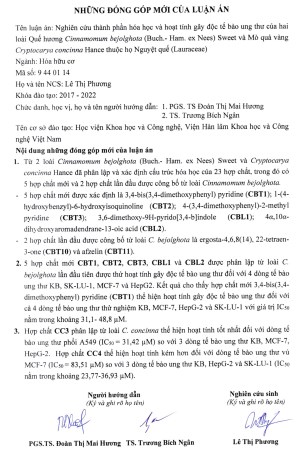 Thông tin tóm tắt về những đóng góp mới của luận án tiến sĩ: Nghiên cứu thành phần hóa học và hoạt tính gây độc tế bào ung thư của hai loài Quế hương Cinnamomum bejolghota (Buch.- Ham. ex Nees) Sweet