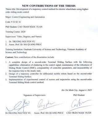 Thông tin tóm tắt về những đóng góp mới của luận án tiến sĩ: Phát triển phương pháp điều khiển quỹ đạo của xe lăn điện ứng dụng phương pháp điều khiển trượt bậc cao