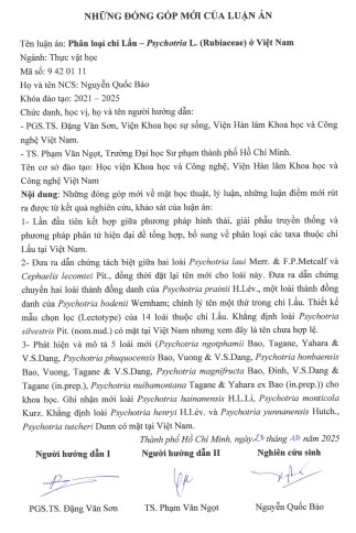 Thông tin tóm tắt về những đóng góp mới của luận án tiến sĩ: Phân loại chi Lấu – Psychotria L. (Rubiaceae) ở Việt Nam