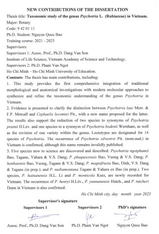 Thông tin tóm tắt về những đóng góp mới của luận án tiến sĩ: Phân loại chi Lấu – Psychotria L. (Rubiaceae) ở Việt Nam