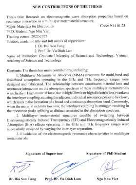 Thông tin tóm tắt về những đóng góp mới của luận án tiến sĩ: Nghiên cứu tính chất hấp thụ sóng điện từ dựa trên tương tác cộng hưởng trong cấu trúc vật liệu biến hoá đa lớp.