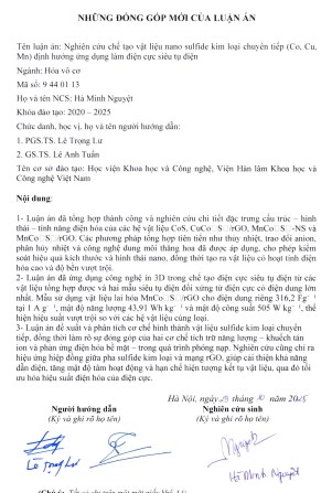 Thông tin tóm tắt về những đóng góp mới của luận án tiến sĩ: Nghiên cứu chế tạo vật liệu nano sulfide kim loại chuyển tiếp (Co, Cu, Mn) định hướng ứng dụng làm điện cực siêu tụ điện.