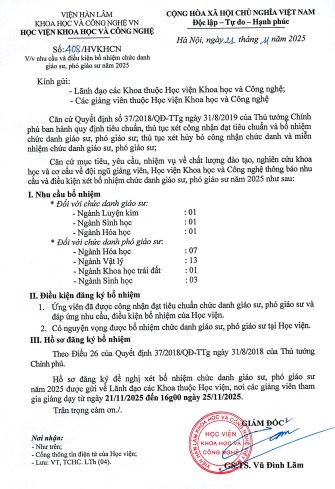 THÔNG BÁO: Về việc nhu cầu và điều kiện bổ nhiểm chức danh giáo sư, phó giáo sư năm 2025