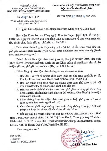 THÔNG BÁO: Về việc đề xuất bổ nhiệm chức danh Giáo sư, Phó Giáo sư năm 2025