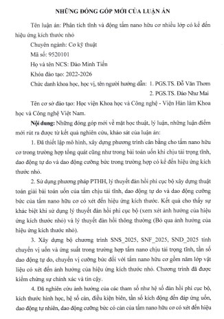 Thông tin tóm tắt về những đóng góp mới của luận án tiến sĩ: Phân tích tĩnh và động tấm nano hữu cơ nhiều lớp có kể đến hiệu ứng kích thước nhỏ.