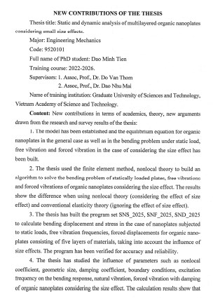 Thông tin tóm tắt về những đóng góp mới của luận án tiến sĩ: Phân tích tĩnh và động tấm nano hữu cơ nhiều lớp có kể đến hiệu ứng kích thước nhỏ.