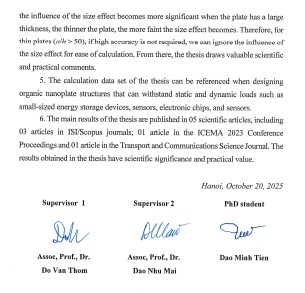 Thông tin tóm tắt về những đóng góp mới của luận án tiến sĩ: Phân tích tĩnh và động tấm nano hữu cơ nhiều lớp có kể đến hiệu ứng kích thước nhỏ.