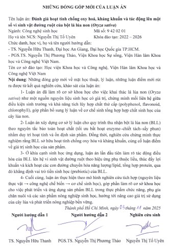 Thông tin tóm tắt về những đóng góp mới của luận án tiến sĩ:Đánh giá hoạt tính chống oxy hoá, kháng khuẩn và tác động lên một số vi sinh vật đường ruột của bột lá lúa non (Oryza sativa)