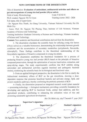 Thông tin tóm tắt về những đóng góp mới của luận án tiến sĩ:Đánh giá hoạt tính chống oxy hoá, kháng khuẩn và tác động lên một số vi sinh vật đường ruột của bột lá lúa non (Oryza sativa)
