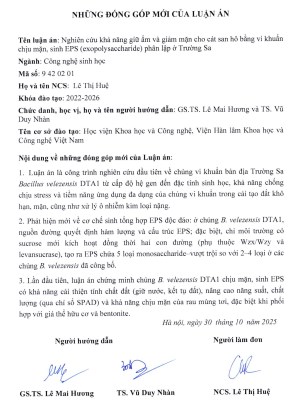 Thông tin tóm tắt về những đóng góp mới của luận án tiến sĩ: Nghiên cứu khả năng giữ ẩm và giảm mặn cho cát san hô bằng vi khuẩn chịu mặn, sinh EPS (exopolysaccharide) phân lập ở Trường Sa.