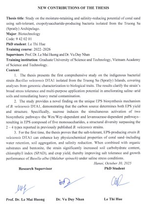 Thông tin tóm tắt về những đóng góp mới của luận án tiến sĩ: Nghiên cứu khả năng giữ ẩm và giảm mặn cho cát san hô bằng vi khuẩn chịu mặn, sinh EPS (exopolysaccharide) phân lập ở Trường Sa.