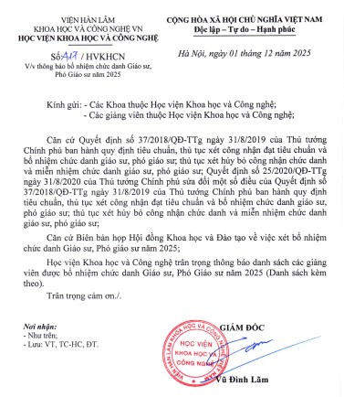 THÔNG BÁO: Về việc bổ nhiệm chức danh Giáo sư, Phó Giáo sư năm 2025