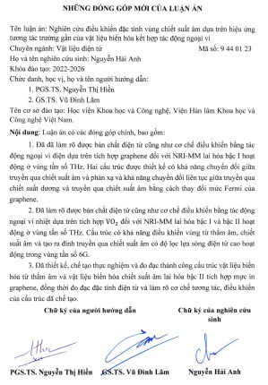 Thông tin tóm tắt về những đóng góp mới của luận án tiến sĩ: Nghiên cứu điều khiển đặc tính vùng chiết suất âm dựa trên hiệu ứng tương tác trường gần của vật liệu biến hóa kết hợp tác động ngoại vi.