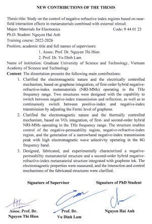 Thông tin tóm tắt về những đóng góp mới của luận án tiến sĩ: Nghiên cứu điều khiển đặc tính vùng chiết suất âm dựa trên hiệu ứng tương tác trường gần của vật liệu biến hóa kết hợp tác động ngoại vi.