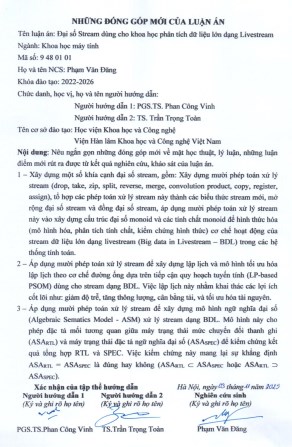Thông tin tóm tắt về những đóng góp mới của luận án tiến sĩ: Đại số Stream dùng cho khoa học phân tích dữ liệu lớn dạng Livestream