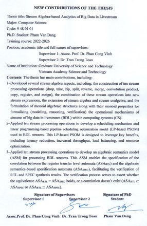Thông tin tóm tắt về những đóng góp mới của luận án tiến sĩ: Đại số Stream dùng cho khoa học phân tích dữ liệu lớn dạng Livestream