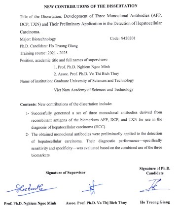 Thông tin tóm tắt về những đóng góp mới của luận án tiến sĩ: Nghiên cứu tạo ba kháng thể đơn dòng (AFP, DCP, TXN) và bước đầu ứng dụng trong phát hiện ung thư biểu mô tế bào gan.
