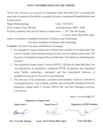 Thông tin tóm tắt về những đóng góp mới của luận án tiến sĩ: Nghiên cứu phân lập vi nấm nội sinh từ cây dược liệu Bát Giác Liên và đánh giá khả năng sinh hoạt chất Podophyllotoxin và các dẫn xuất.