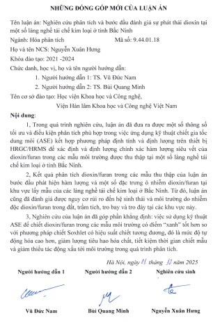 Thông tin tóm tắt về những đóng góp mới của luận án tiến sĩ: Nghiên cứu phân tích và bước đầu đánh giá sự phát thải dioxin tại một số làng nghề tái chế kim loại ở tỉnh Bắc Ninh