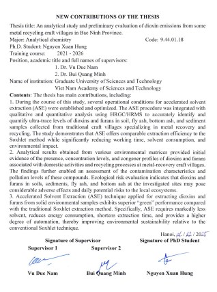Thông tin tóm tắt về những đóng góp mới của luận án tiến sĩ: Nghiên cứu phân tích và bước đầu đánh giá sự phát thải dioxin tại một số làng nghề tái chế kim loại ở tỉnh Bắc Ninh