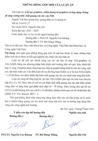 Thông tin tóm tắt về những đóng góp mới của luận án tiến sĩ: Chế tạo graphen, chấm lượng tử graphen và ứng dụng chúng để tăng cường tính chất quang xúc tác của TiO 2