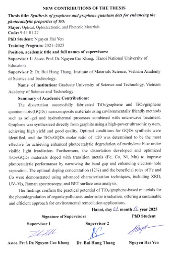 Thông tin tóm tắt về những đóng góp mới của luận án tiến sĩ: Chế tạo graphen, chấm lượng tử graphen và ứng dụng chúng để tăng cường tính chất quang xúc tác của TiO 2